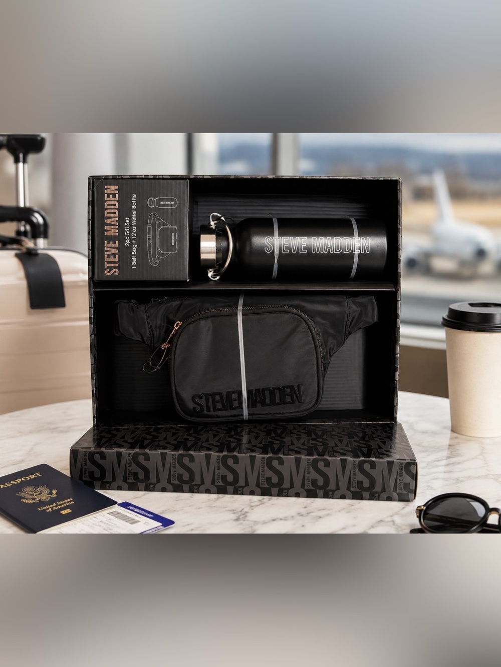 Steve Madden Travel Gift Set Water Bottle Belt Bag Fanny Pack Black NWT